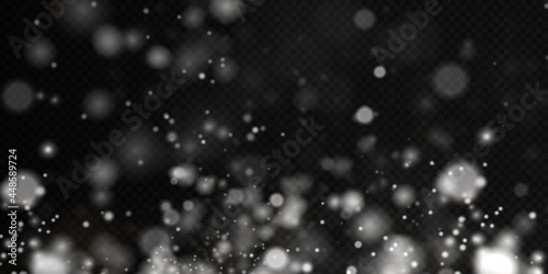 White png dust light. Bokeh light lights effect background. Christmas background of shining dust Christmas glowing light bokeh confetti and spark overlay texture for your design. 