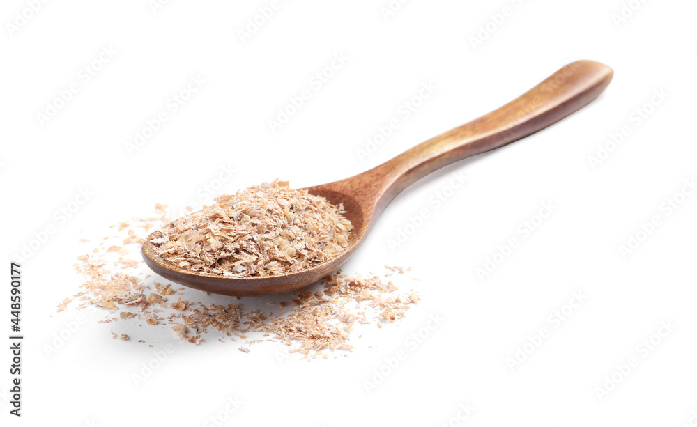 Wooden spoon with wheat bran on white background Wooden spoon with wheat bran on white background
