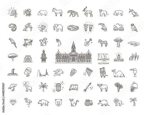 Africa jungle ethnic culture travel icons set outline isolated vector illustration