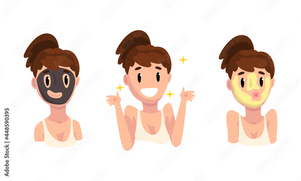 Face Care Routine with Young Girl Applying Cream and Mask on Skin with Acne Vector Set Face Care Routine with Young Girl Applying Cream and Mask on Skin with Acne Vector Set