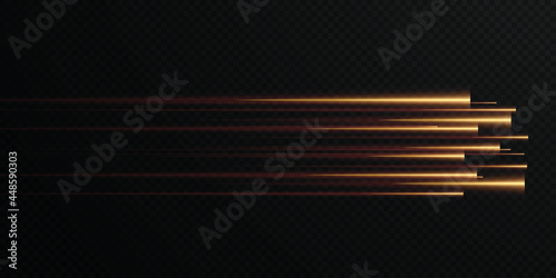 Collection of gold speed lines isolated. Gold light, electric light, light effect png. Curve gold line png for games, video, photo, callout, HUD. Isolated vector illustration.	