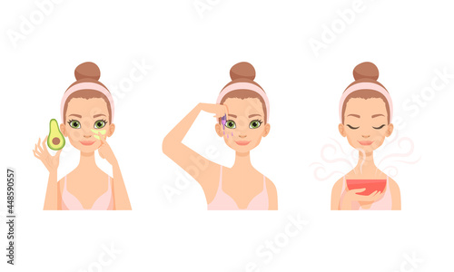 Face Care Routine with Young Girl with Pink Headband Applying Essential Oil on Skin Vector Set