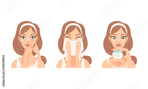 Face Care Routine with Young Girl with Pink Headband Drying Wet Skin with Towel and Holding Cream Vector Set