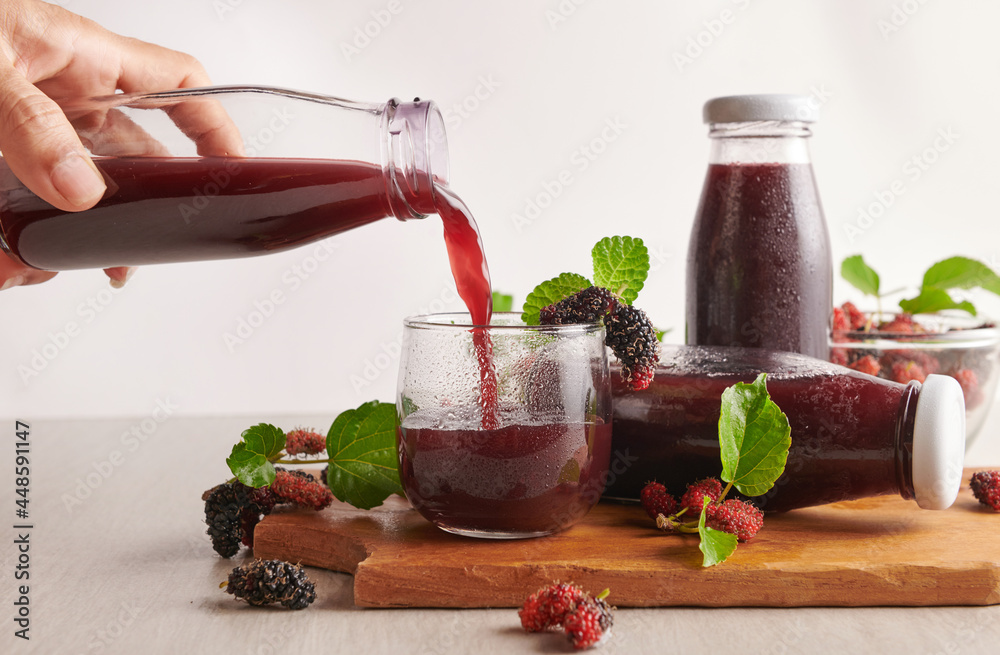Mulberry Shrub, Juice or liqueur in glass bottles, mulberry juice for health, reduce cholesterol
