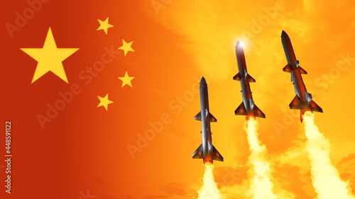 Photography China flag with missiles. China nuclear missile attack.
