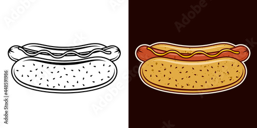 Hot dog vector illustration in two styles black on white and colored on dark background
