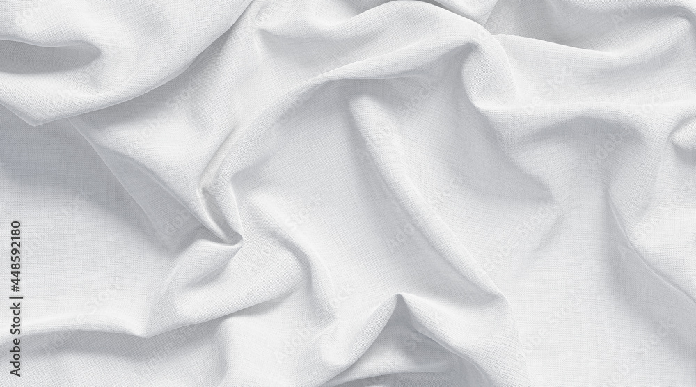 Blank white crumpled fabric material mockup, side view