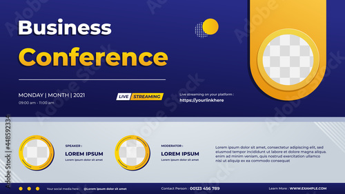 Business conference banner template for website with two circle frame and blue gradient geometric background