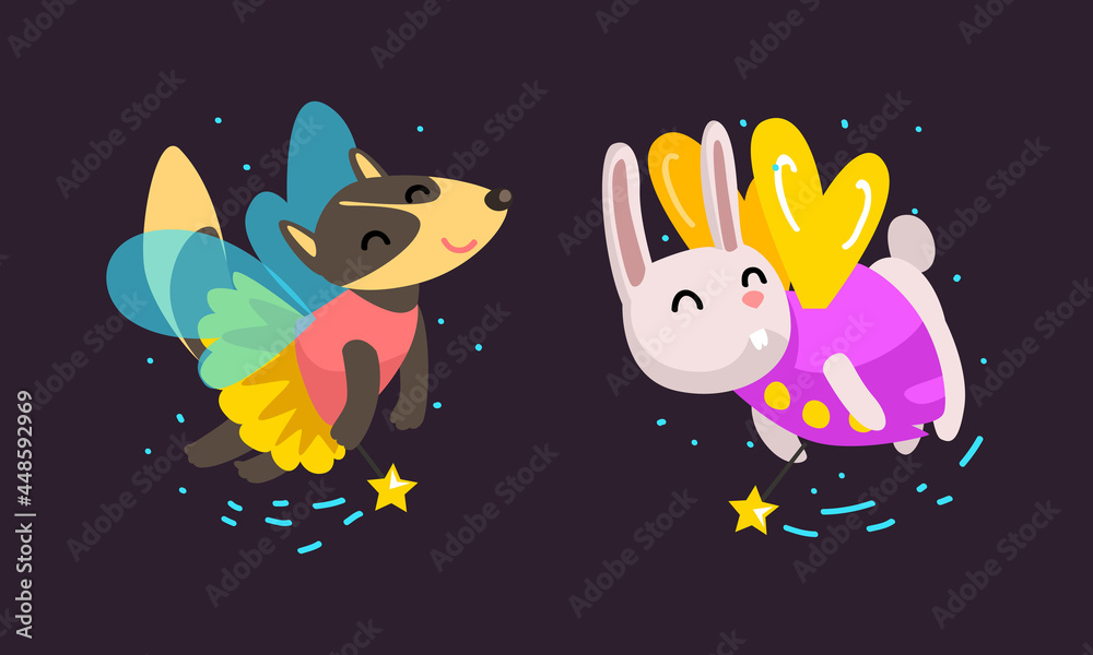 Fototapeta premium Winged Dog and Hare Flying with Magic Wand Vector Set