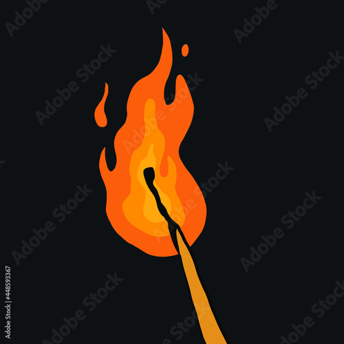 blazing matchstick on black background. match illustration in vector graphic. simple cartoon illustration for design element.