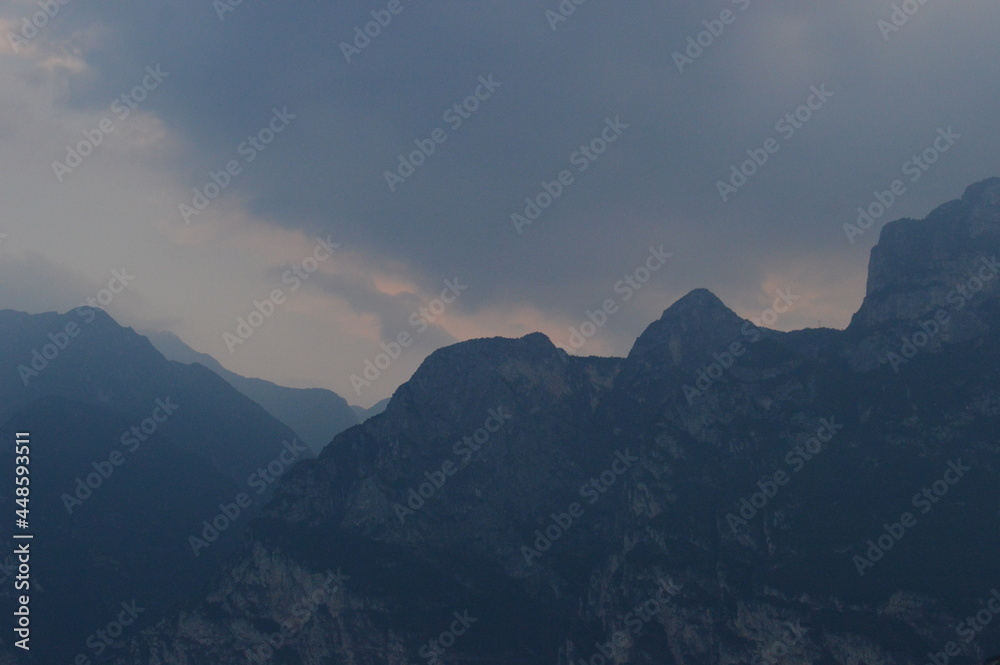 Sunset over the Italian Dolomite Mountains and Lago di Garda in Italy