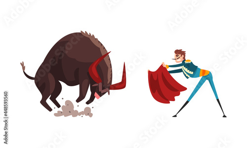 Bullfighter or Matador Waving Red Cloak In Front of Furious Bull Vector Set