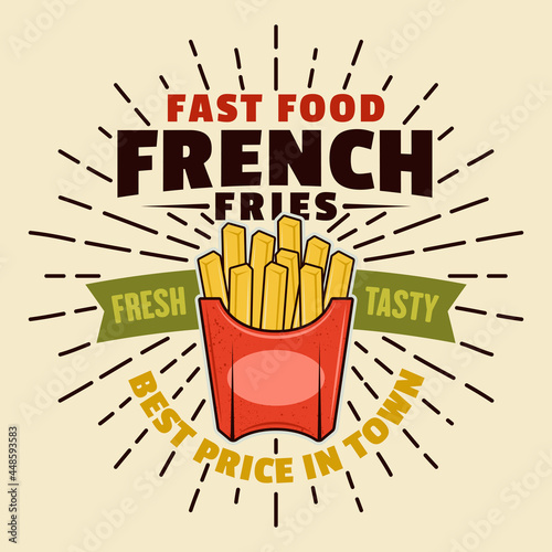 French fries vector colorful emblem, badge, label, sticker or logo with sunburst in cartoon style on light background