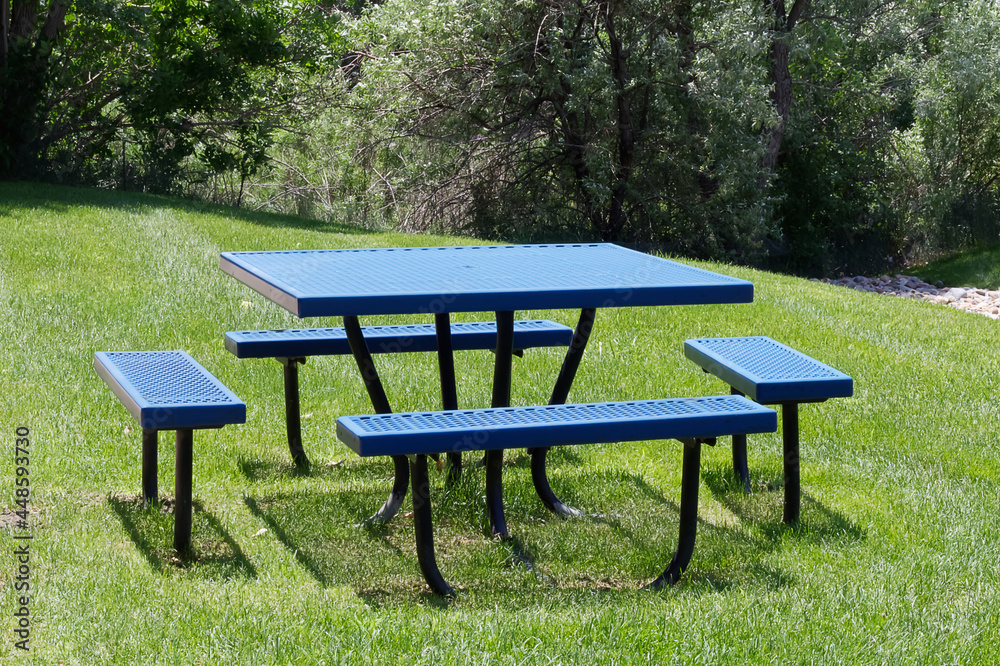 Empty metallic outdoor picnic table with benches on green grass lawn nearthe trees. Outside rest area in park, along hiking trail or highway. Lunch place near the office building. High quality photo. Empty metallic outdoor picnic table with benches on green grass lawn nearthe trees. Outside rest area in park, along hiking trail or highway. Lunch place near the office building. High quality photo.