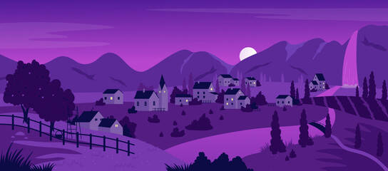 Papier peint photo Prune Night town or village in purple mountain summer landscape vector illustration. Cartoon neon night or evening time, farm houses and orchards by river, waterfall, rural panorama scenery background  © Flash Vector