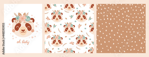 Set cute poster and seamless pattern with panda face and poster with lettering Oh baby. Collection with animal flowers of flat style for children's clothing, textiles, wallpapers. Vector Illustration