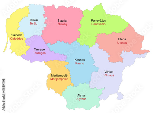 Carte de Lituanie avec divisions administratives par Apskritis - Libell  s des subdivisions territoriales en anglais et en lituanien - Textes vectoris  s et non vectoris  s sur calques s  par  s