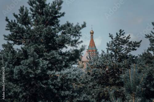 The beautiful palace is visible through the trees. Center of Moscow. A beautiful building with domes. Sunny day. Old, ancient beautiful architecture.