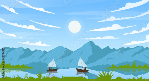 Mountain summer sunny landscape with fisherman boats vector illustration. Cartoon summertime morning calm scene with fishing sailboat on river or lake, sun in blue sky, countryside scenery background