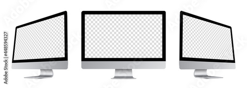 Realistic computer monitor devices mockup set : front, left-side, right-side views. Perspective mock-up sideways view. Isolated silver PC with empty screens. Vector illustration.