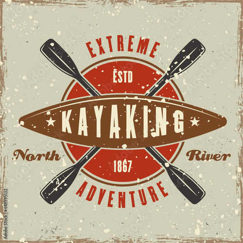 Kayak and rays colored emblem, badge, label or logo vector illustration in retro style with grunge textures and scratches