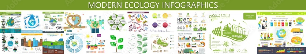 Modern ecology infographics. Green ecology info graphics, environment, ecology infographic elements. Environmental risks, ecosystem. Template. - obrazy, fototapety, plakaty 