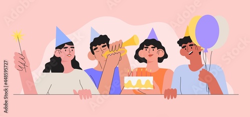 Group of smiling people celebrating birthday or anniversary. Men and women have birthday party with baloons, cake and sparkler. Concept of grand opening, company or team bday, successful deal startup.