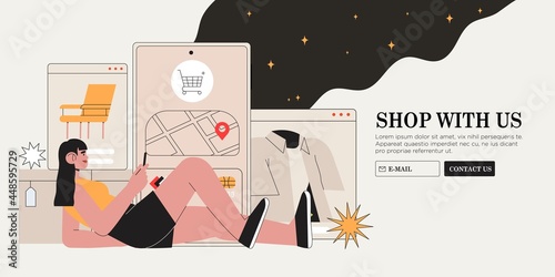 People shop online. Woman buy clothes, furniture in online store and order delivery through mobile application, pay her credit card. Concept of E-commerce and shopping for banner, landing web page.