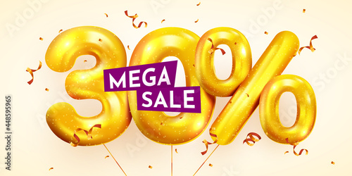 30 percent Off. Discount creative composition of golden balloons. 3d mega sale or thirty percent bonus symbol with confetti. Sale banner and poster.