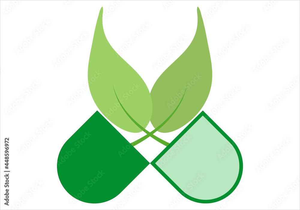 Icono de píldoras con hojas verdes por la medicina natural. Icono de píldoras con hojas verdes por la medicina natural.