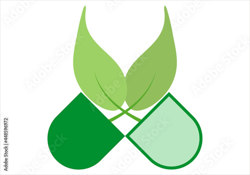 Icono de píldoras con hojas verdes por la medicina natural.