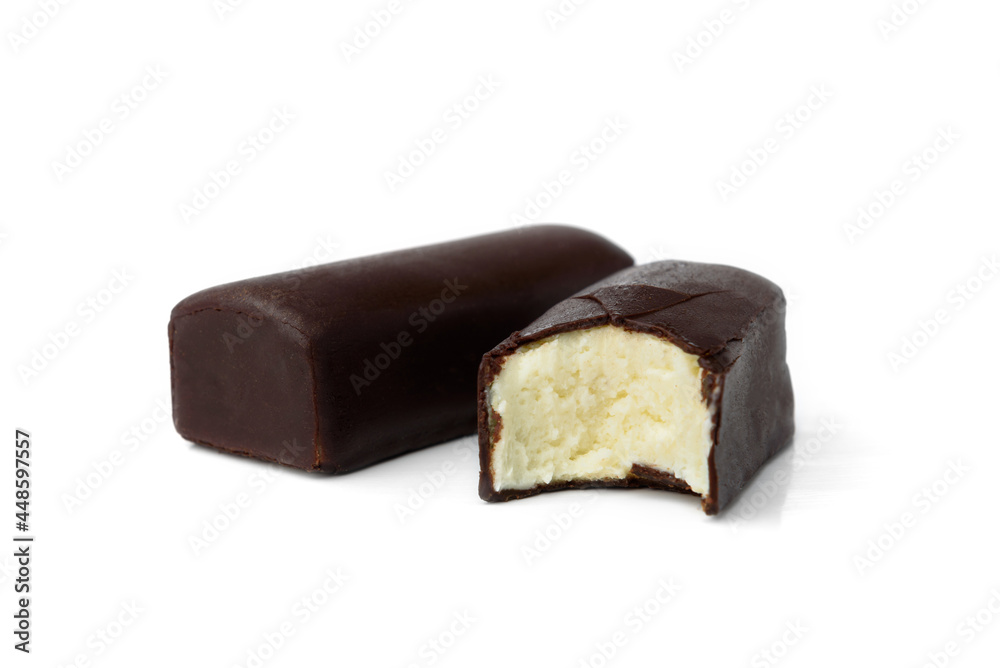 Glazed cheese bars with coconut filling isolated on white background. Glazed cheese bars with coconut filling isolated on white background.