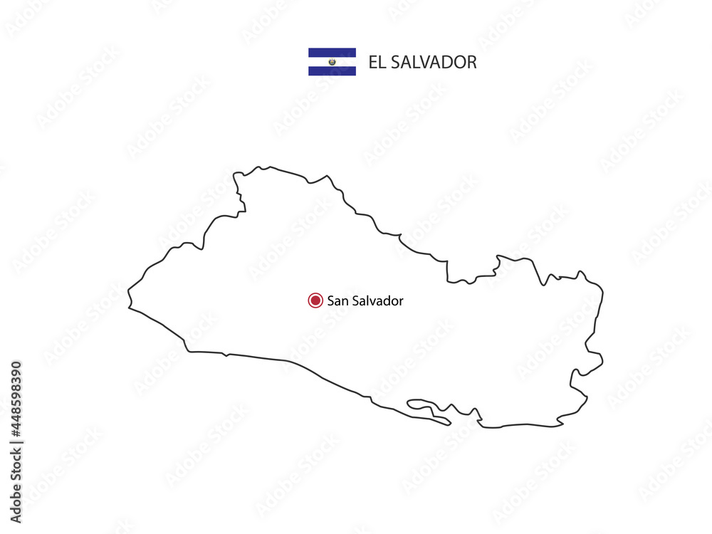 Hand draw thin black line vector of El Salvador Map with capital city San Salvador on white background.