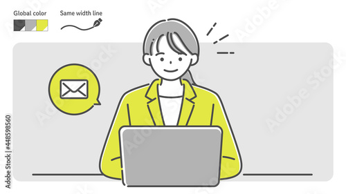 PCでメールを送るスーツ姿の女性のイラスト