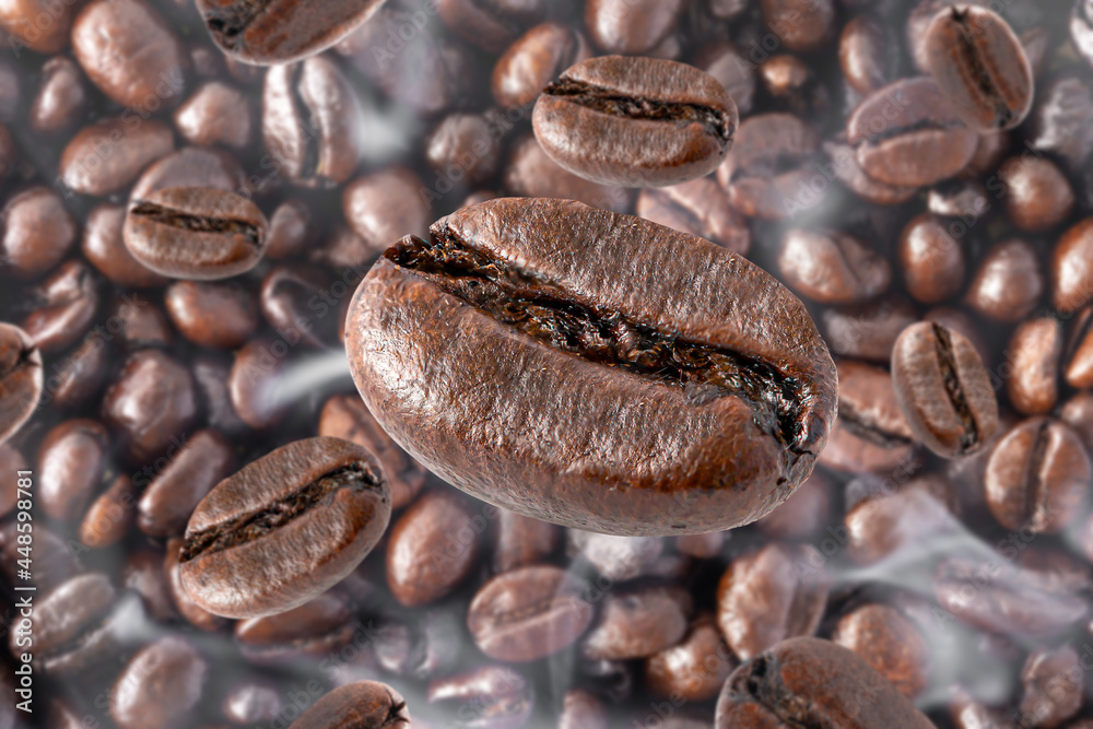 Fototapeta premium Close up horizontal of roasted coffee beans, concept coffee fresh from garden. 