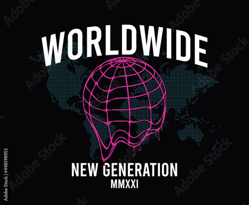 Worldwide - slogan for t-shirt design with Earth globe that melts and World map. Typography graphics for tee shirt, apparel print design. Vector illustration.