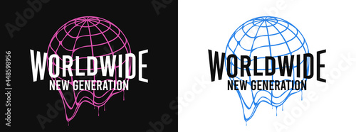 Worldwide - slogan for t-shirt design with Earth globe that melts. Typography graphics for tee shirt with dripping World globe. Apparel print design. Vector illustration.