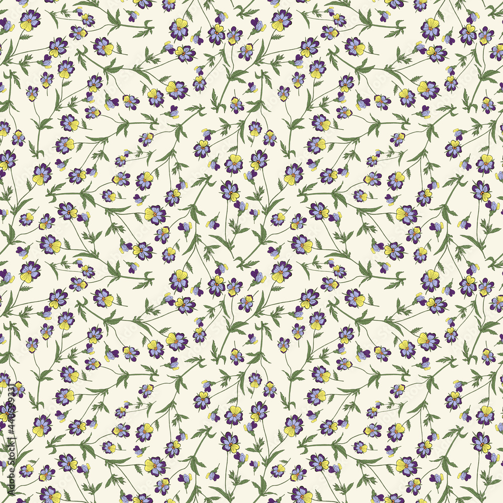 Fototapeta premium Seamless botanical yellow pattern with tricolor violet flowers 