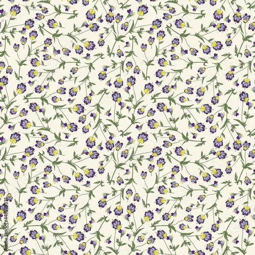 Seamless botanical yellow pattern with tricolor violet flowers
