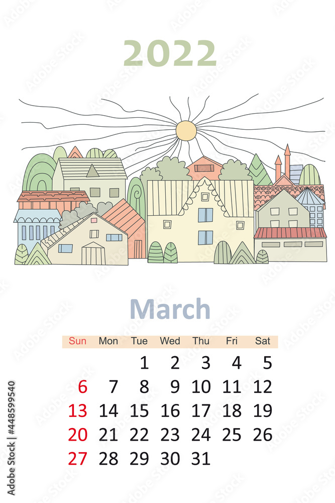 lovely cityscape calendar 2022. sunny town with cute houses. mar
