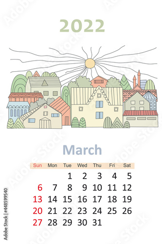 lovely cityscape calendar 2022. sunny town with cute houses. mar