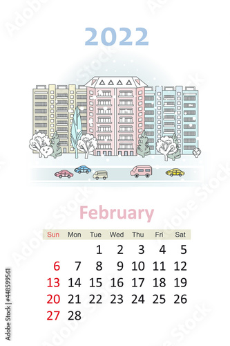 lovely cityscape calendar 2022. houses with road and cars. snowi photo