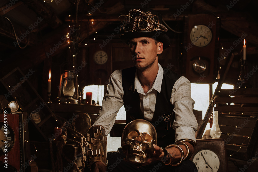 male engineer in a steampunk suit in a 