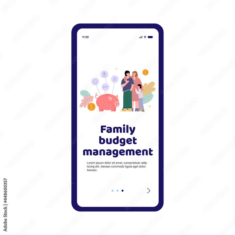 Mobile app on phone screen for plan and management of finance family budget. Mobile app on phone screen for plan and management of finance family budget.