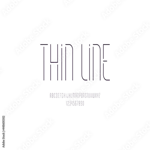 Font from ultra thin black line, stencil alphabet, modern condensed letters and numbers, vector illustration 10EPS