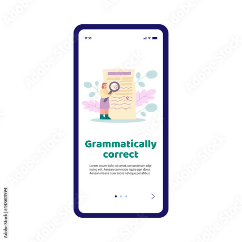 Grammar editor onboard screen with woman corrects text, flat vector illustration.