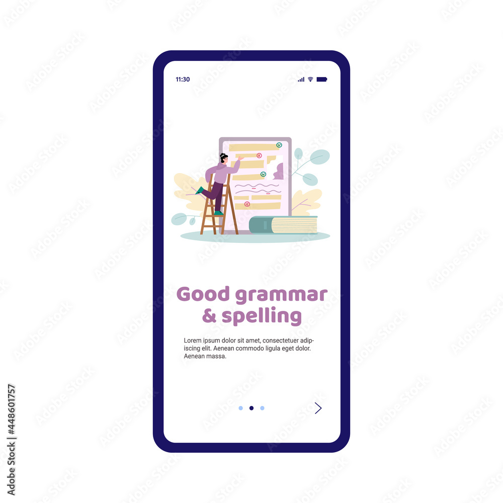 Grammar and spelling editor app onboarding screen, flat vector illustration. Grammar and spelling editor app onboarding screen, flat vector illustration.