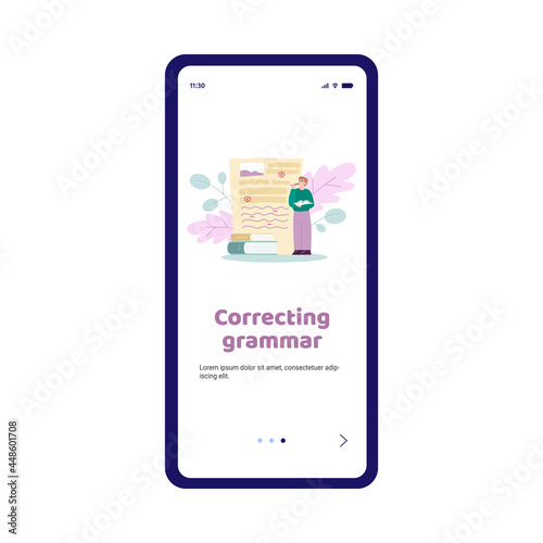 Grammar correction and spells editor app screen, flat vector illustration.