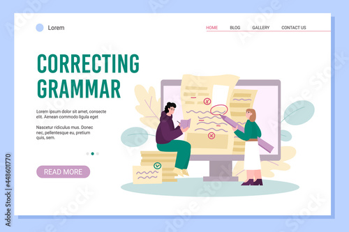 Online grammar correcting website banner mockup, flat vector illustration. photo