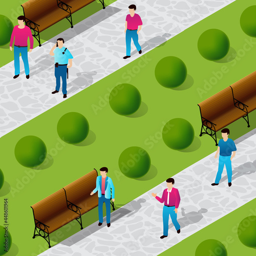 City park with trees and people walking vacationers lifestyle scene